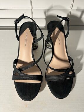 ANTONIO MELANI Black Satin Strappy Sandals with Jeweled Block Heel